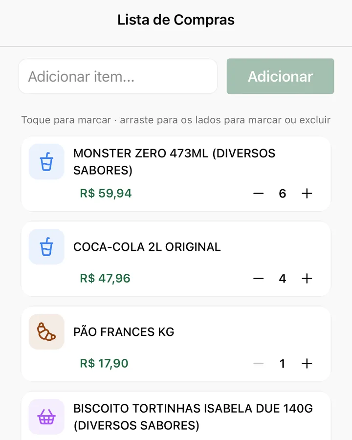 Tela Lista de Compras do poupa+, com itens e o preço de cada um